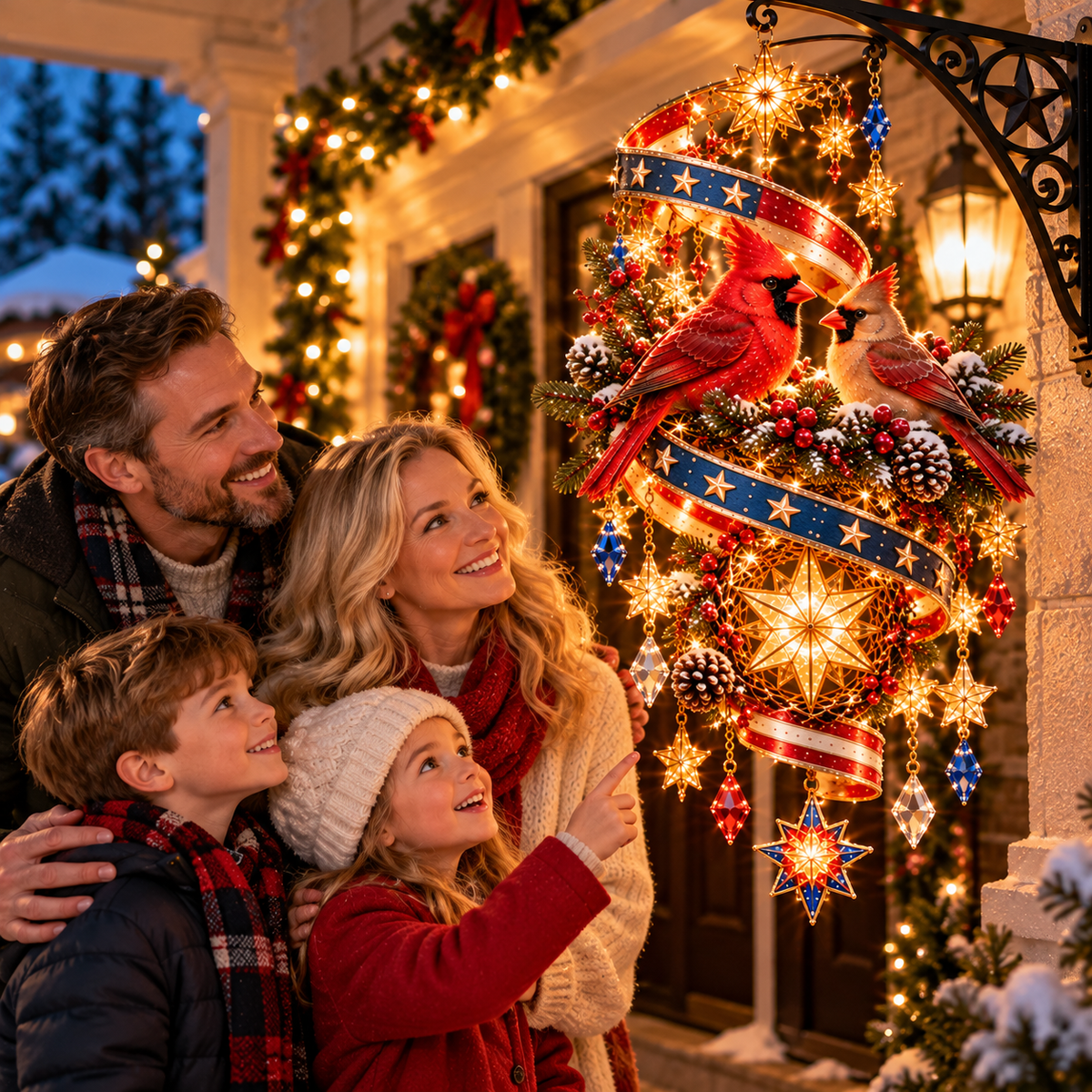 🇺🇸❤️ Cardinal's Freedom Spiral™ – Lighted Patriotic Christmas Porch Hanging Decor with Cardinal Pair, Glowing 3D Star & Red White Blue Ribbon ✨🎄