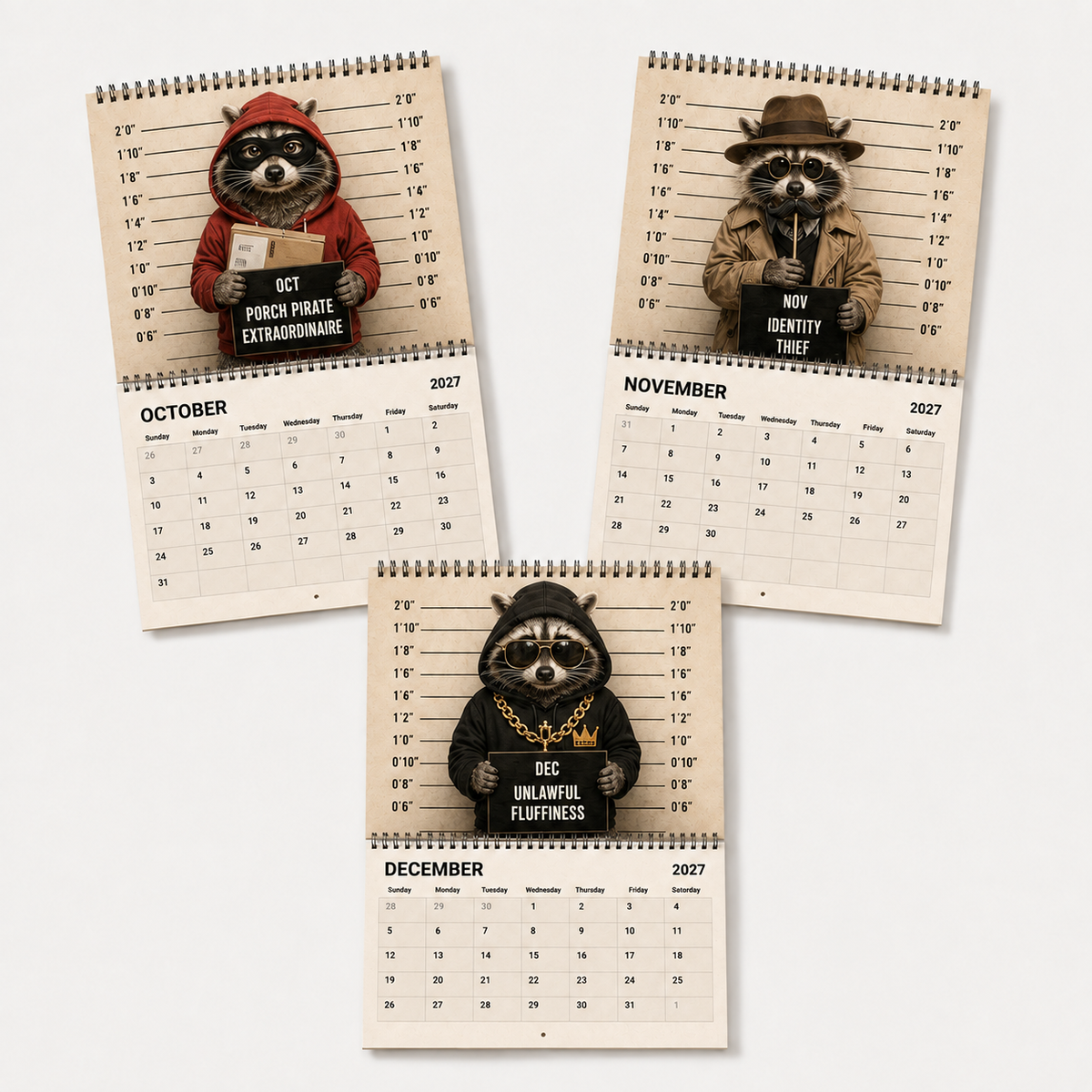 October November December Raccoon Crime Syndicate 2027 Calendar pages