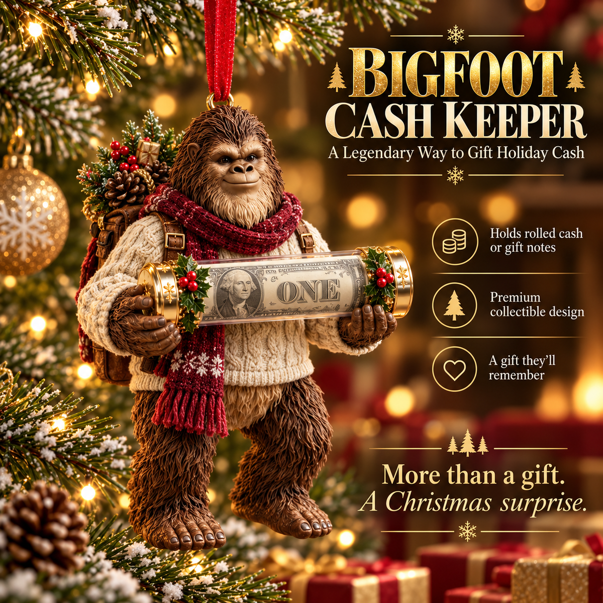🔥Buy 3, Get 1 Free - 🎄👣 Bigfoot Cash Keeper™ – 15 Funny Christmas Cash Holder Ornaments 💵🎁