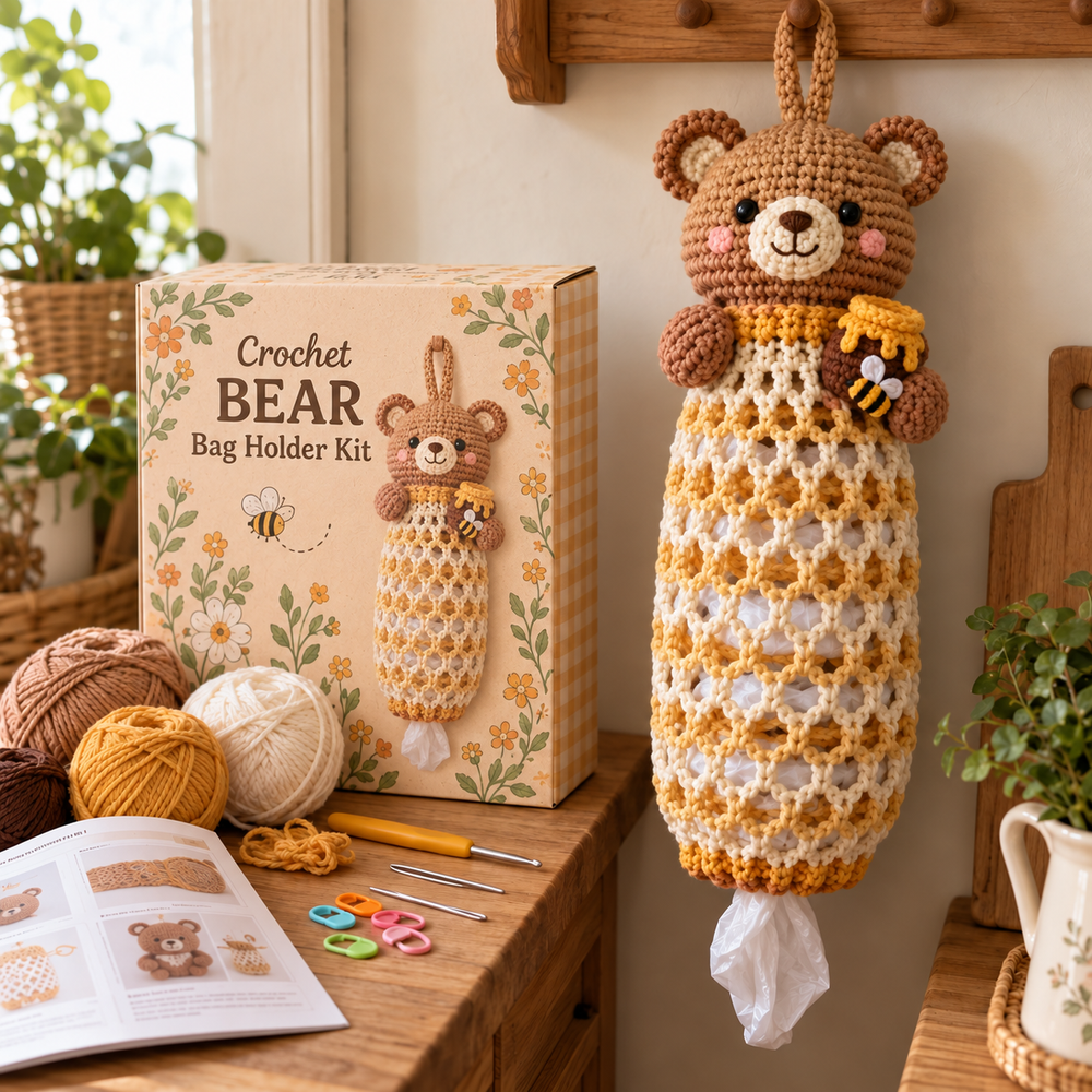 Honey bear crochet bag holder DIY kit example, with yarn, crochet tools and a finished sample