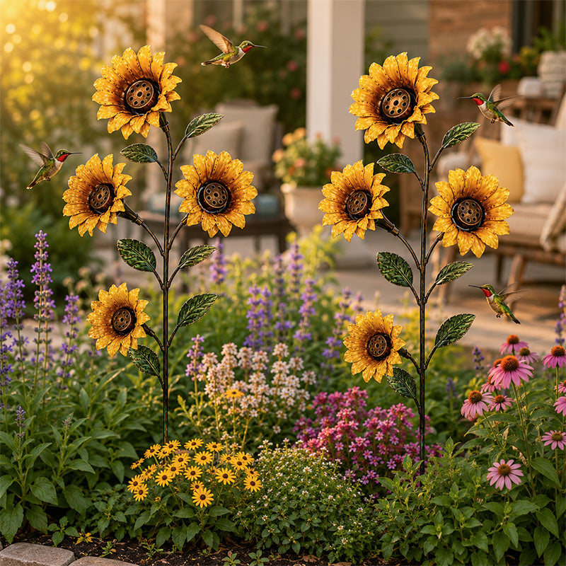 Multiple sunflower hummingbird feeder garden stands in a colorful backyard garden
