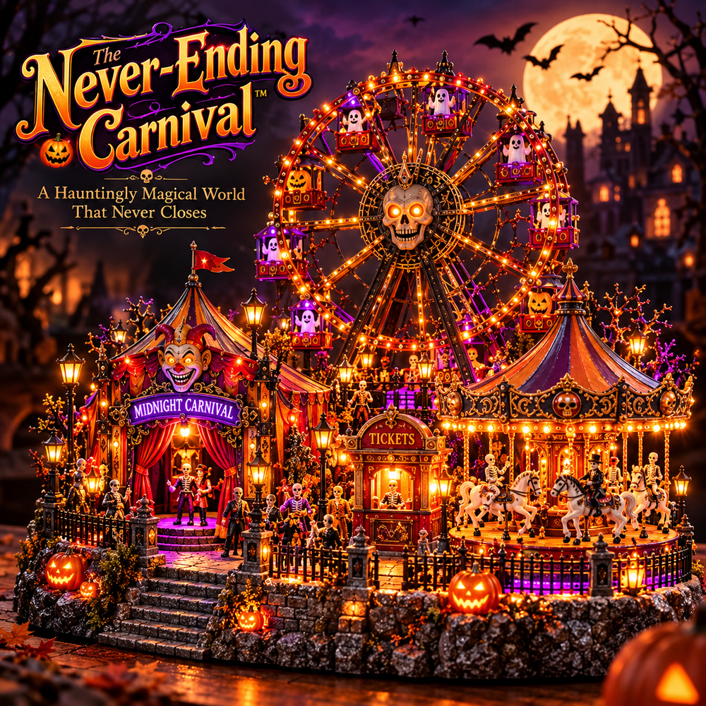 The Never-Ending Carnival promotional poster showing glowing Ferris wheel, carousel, Halloween circus and illuminated miniature attractions