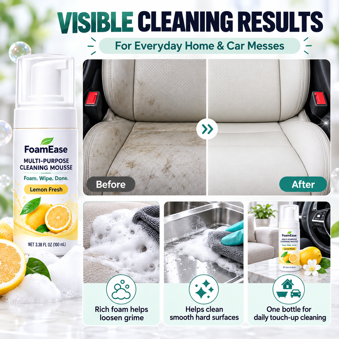 FoamEase illustrated cleaning effect and before after comparison