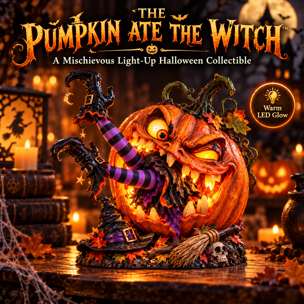 The Pumpkin Ate the Witch Halloween promotional poster featuring illuminated pumpkin with witch legs