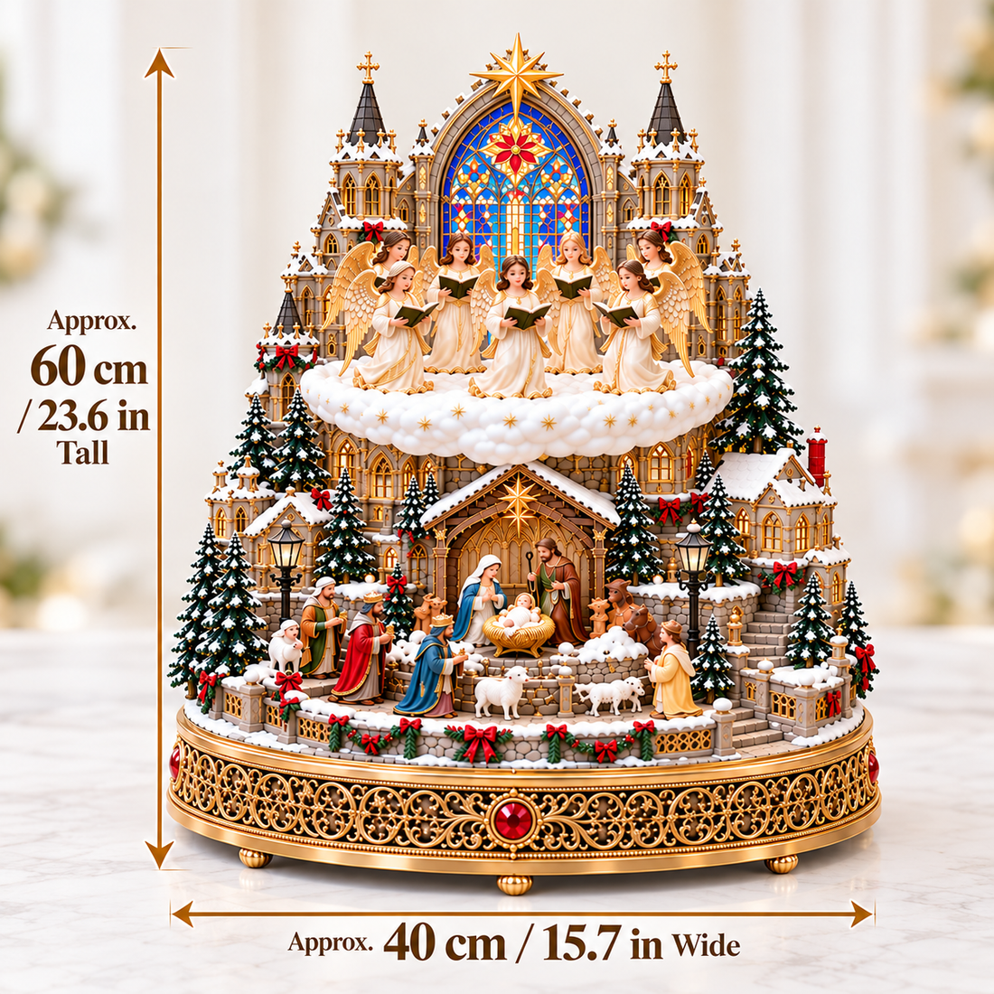 Christmas Nativity village size diagram showing approximate height and width