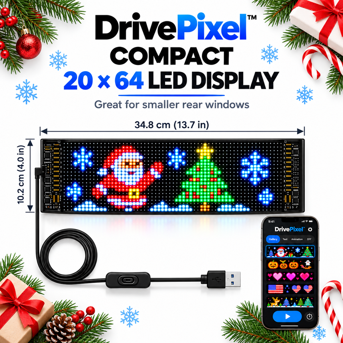 🎄 DrivePixel™ Smart LED Car Window Display | App-Controlled Animated Pixel Screen
