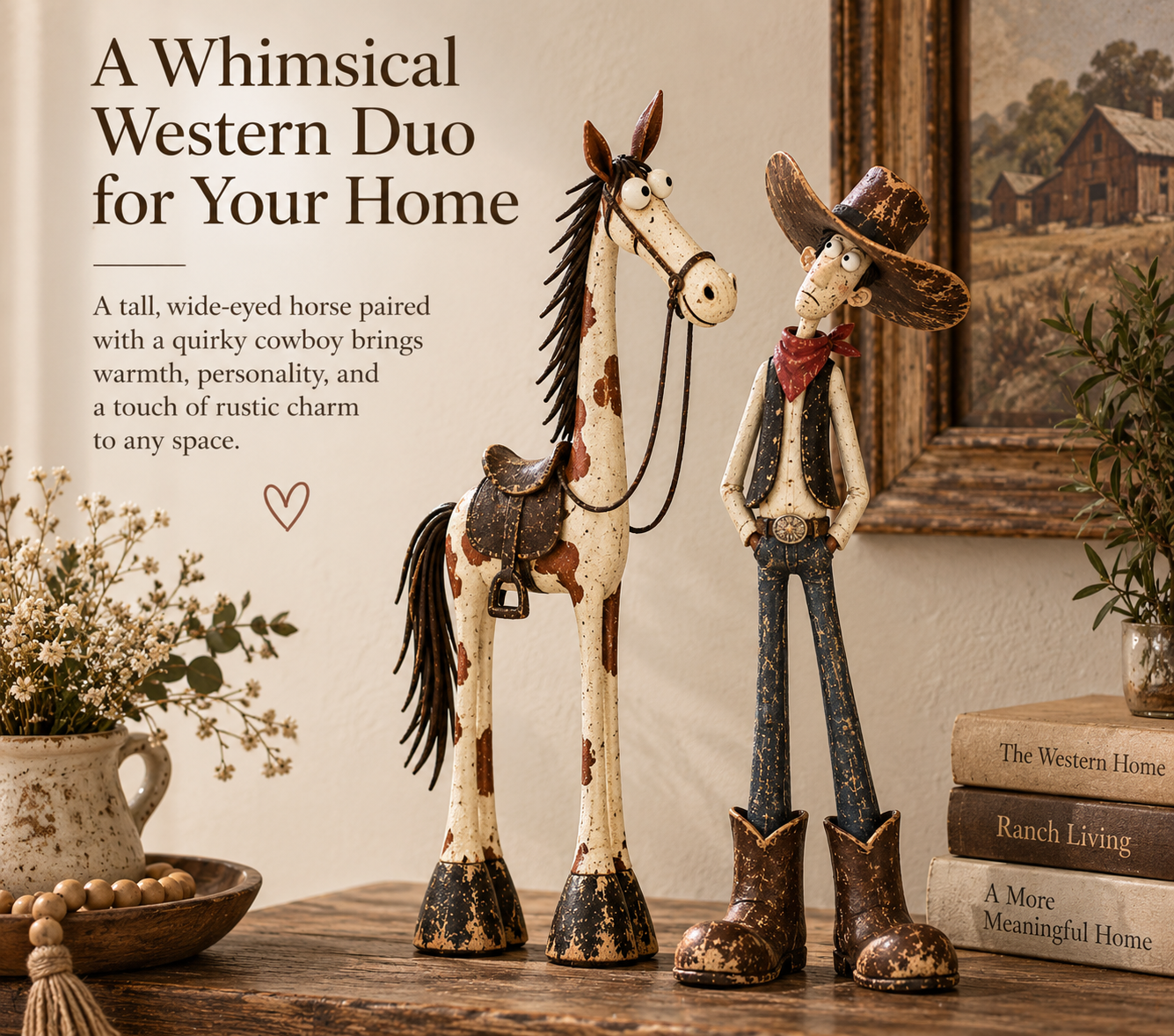 Whimsical Western Cowboy & Horse Figurine Duo 🤠🐴