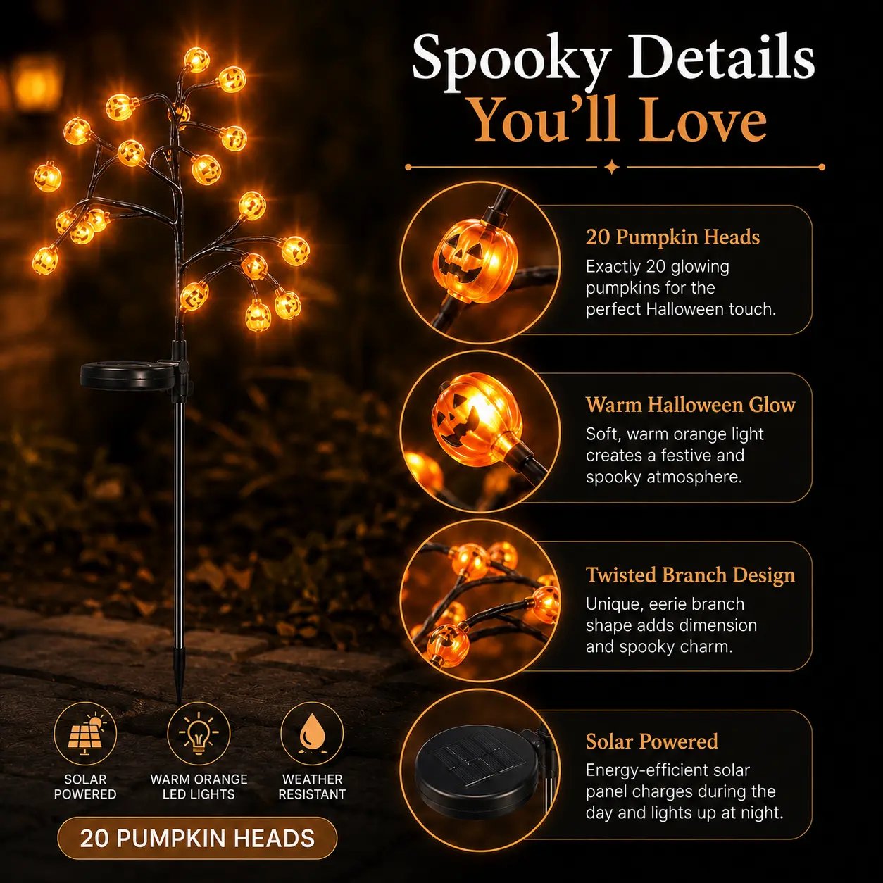 Solar Pumpkin Stake Lights, 20-Head Halloween Garden Lights with 8 Lighting Modes & Auto On/Off