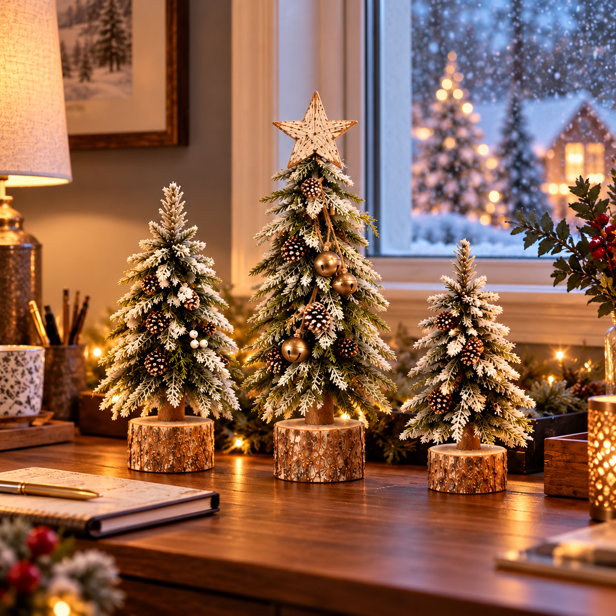 Snow-Kissed Christmas tree trio with tallest star-topped tree in the center and two coordinating frosted evergreen trees on rustic wood-look bases