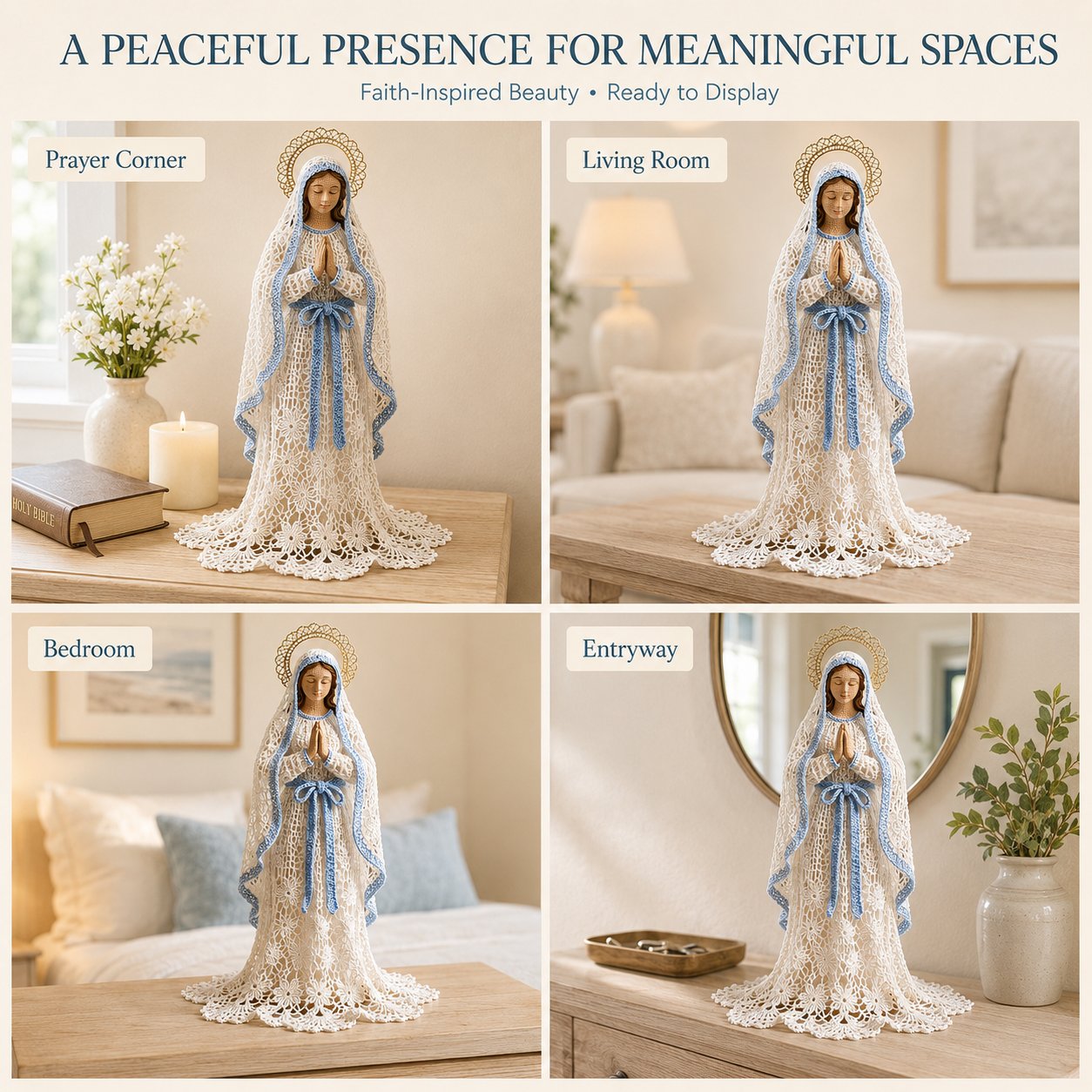 ⏳ Last Day 49% OFF – ✝️ Blessed Mother, Jesus & Guardian Angel | Lace-Inspired Faith Figure Collection 🤍✨