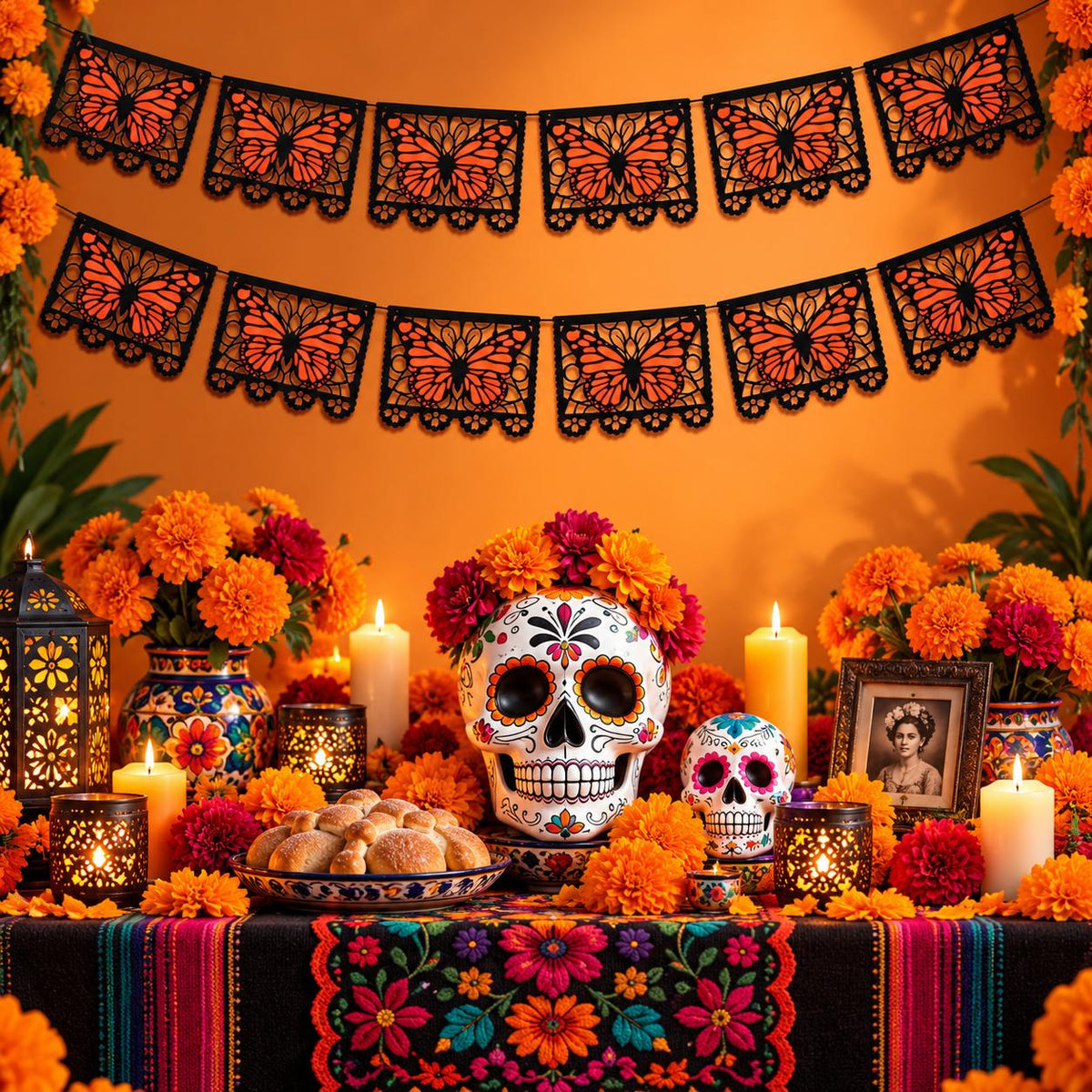 Monarch butterfly Day of the Dead memorial banner displayed above a remembrance altar