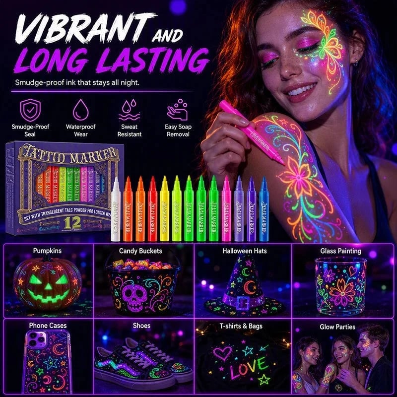 ✨ Neon Glow Body Art Pens – Colorful Party Tattoo Drawing Set
