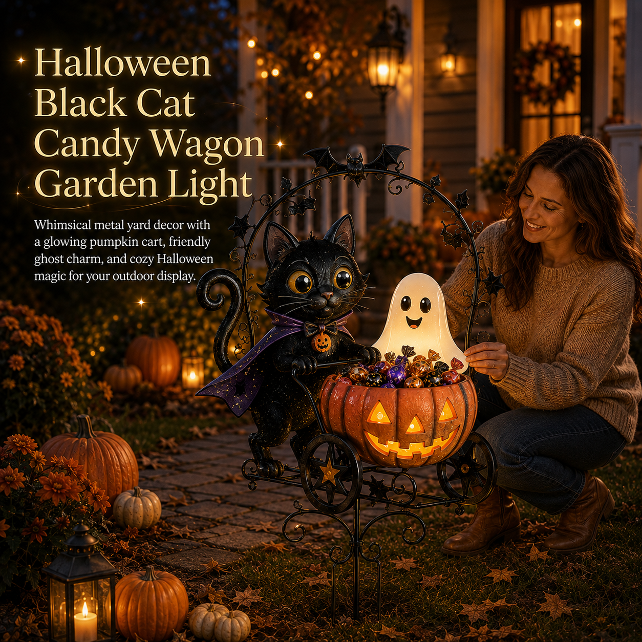 ✨🐈🎃 Halloween Black Cat Candy Wagon Garden Light 👻✨