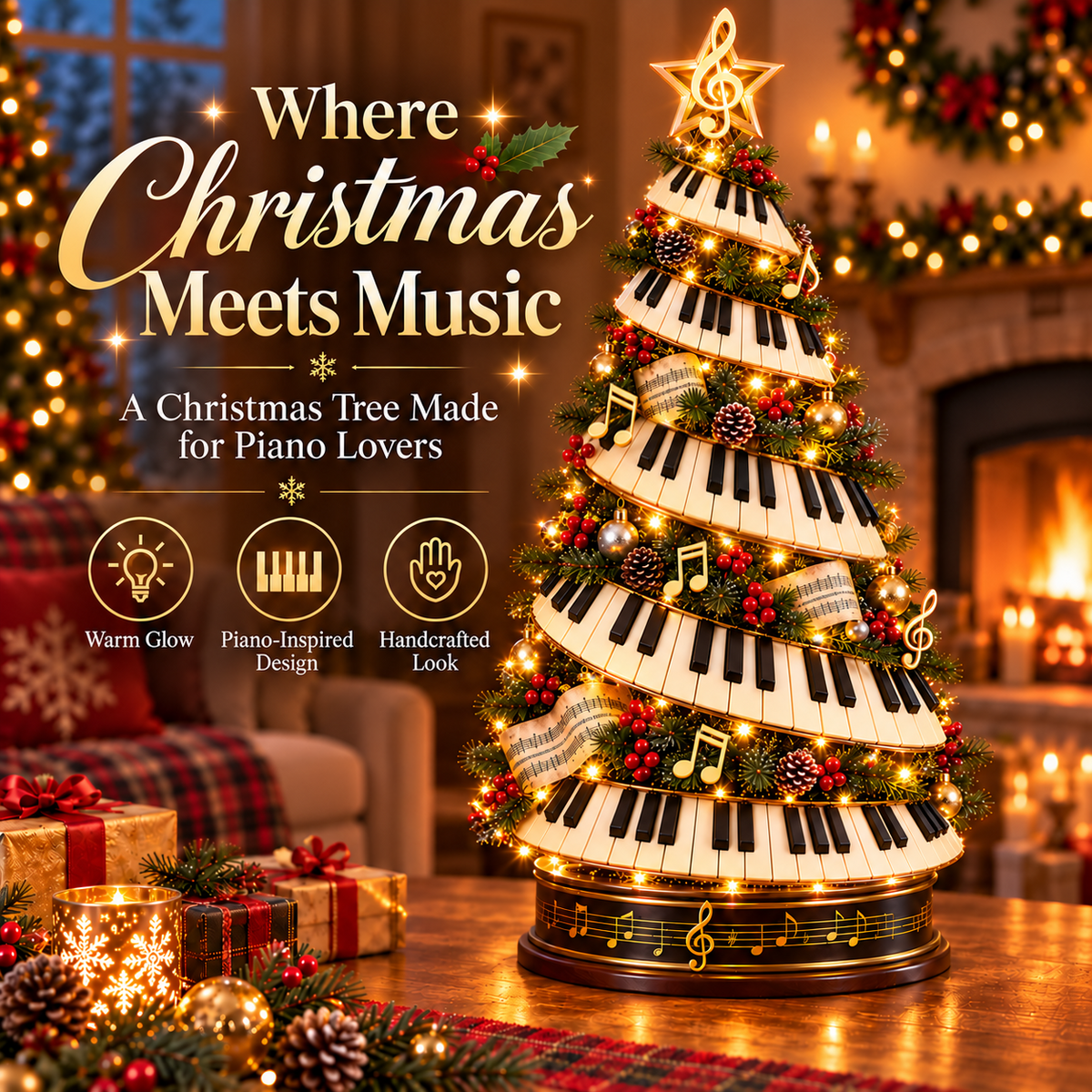 Piano Christmas Tree Light illuminated with musical details and a treble clef star