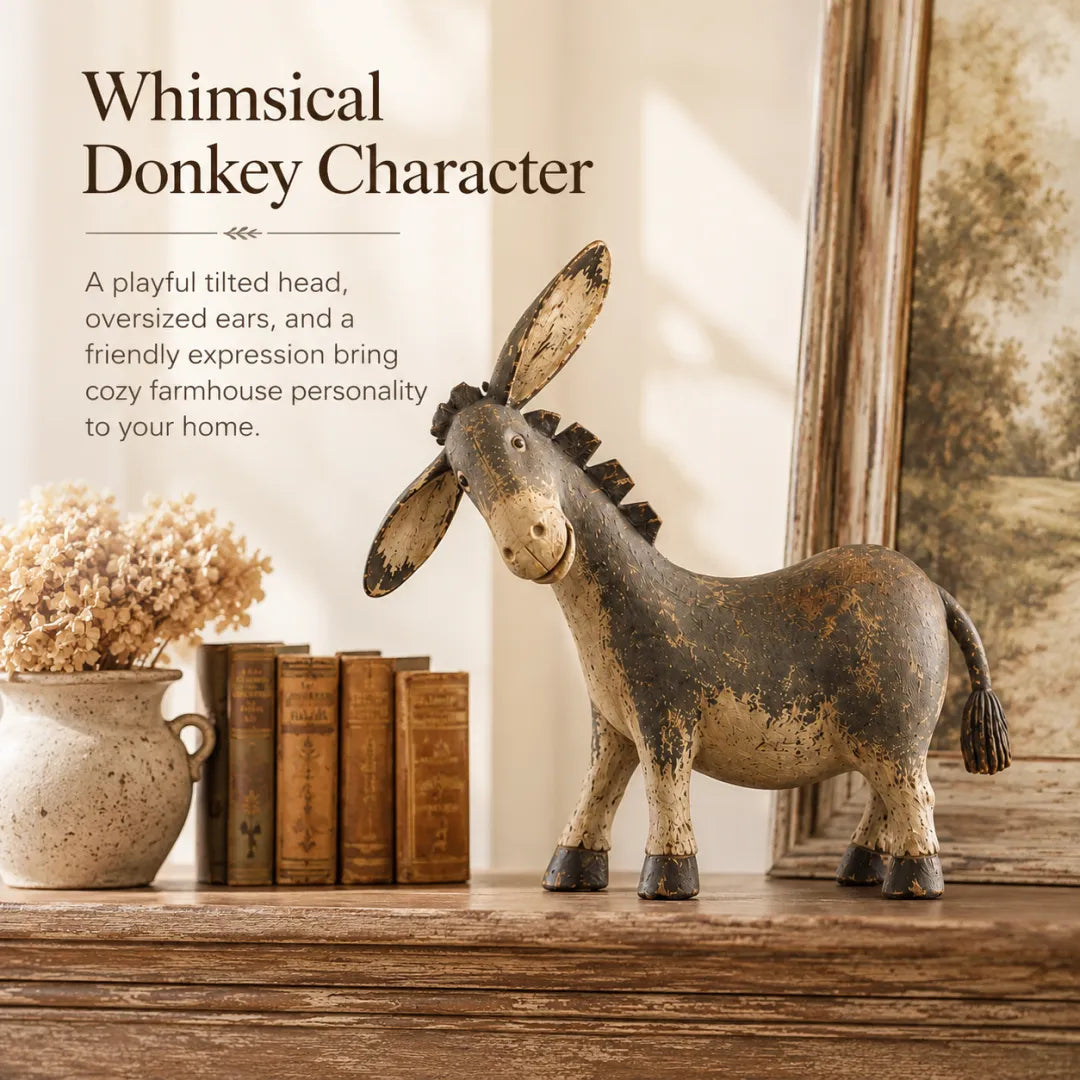 Whimsical tilted-head rustic donkey figurine