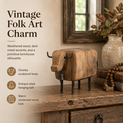 Vintage Wooden Cow Figurine with Metal Bell