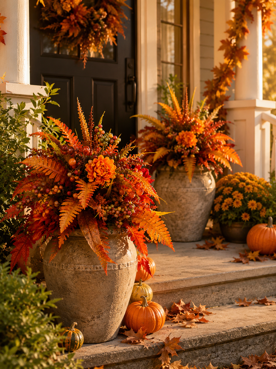 Fall floral stake styled in a porch planter