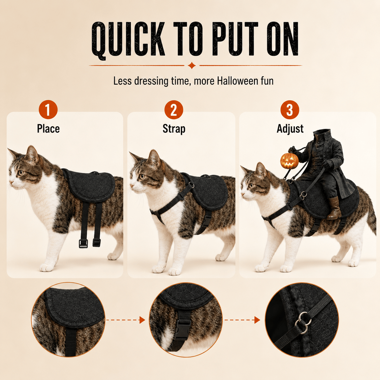 Three steps to put on Headless Horseman pet costume