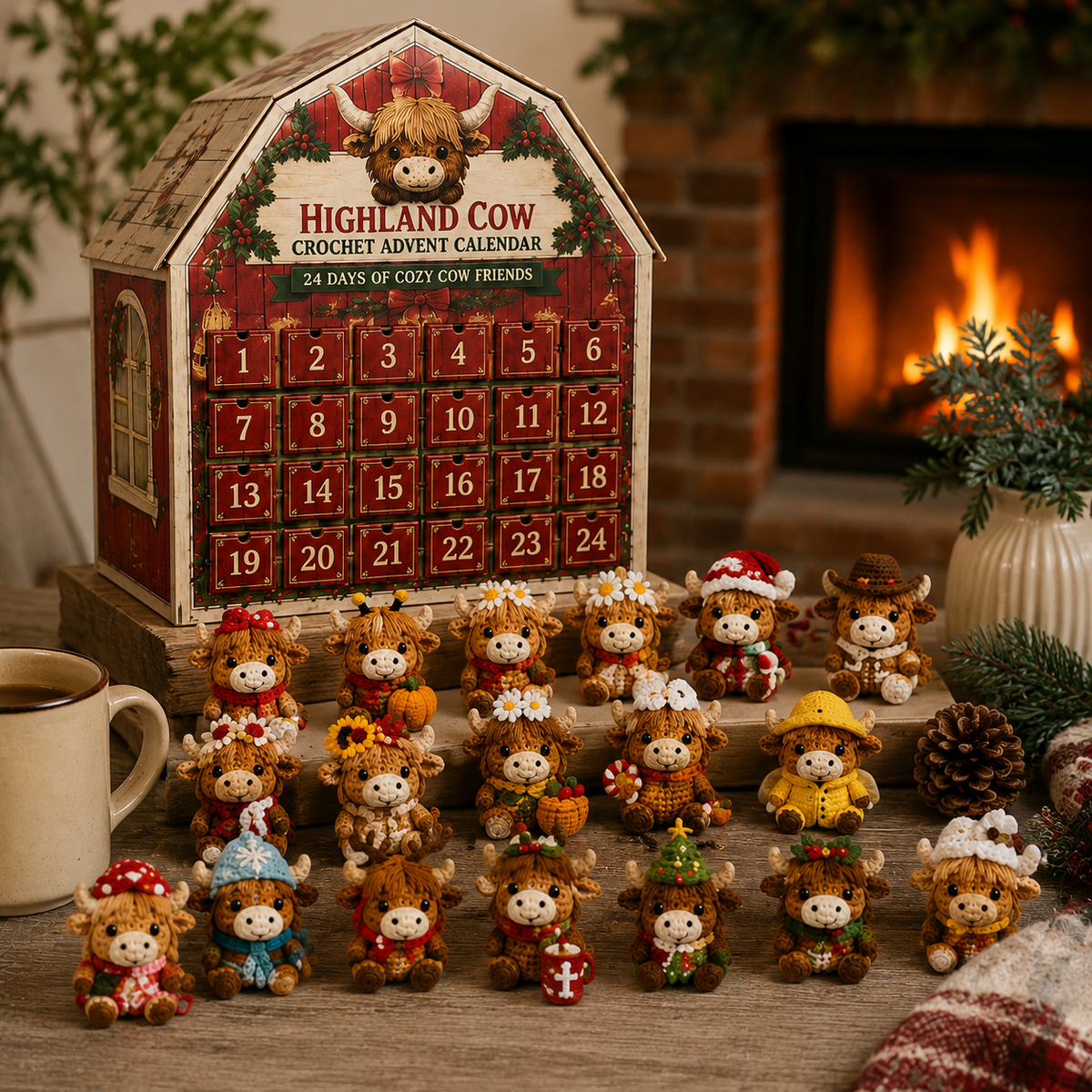Highland Cow Christmas collection fireplace display