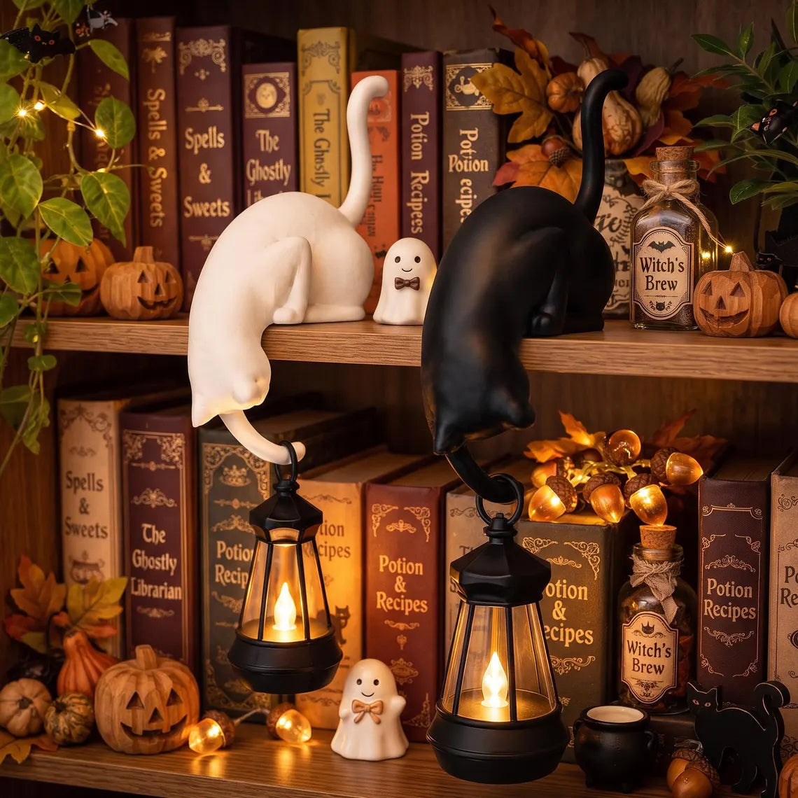 🐈‍Whimsical Cat Shelf Sitter with LED Lantern – Cute Bookshelf Decor & Handy Key Hook