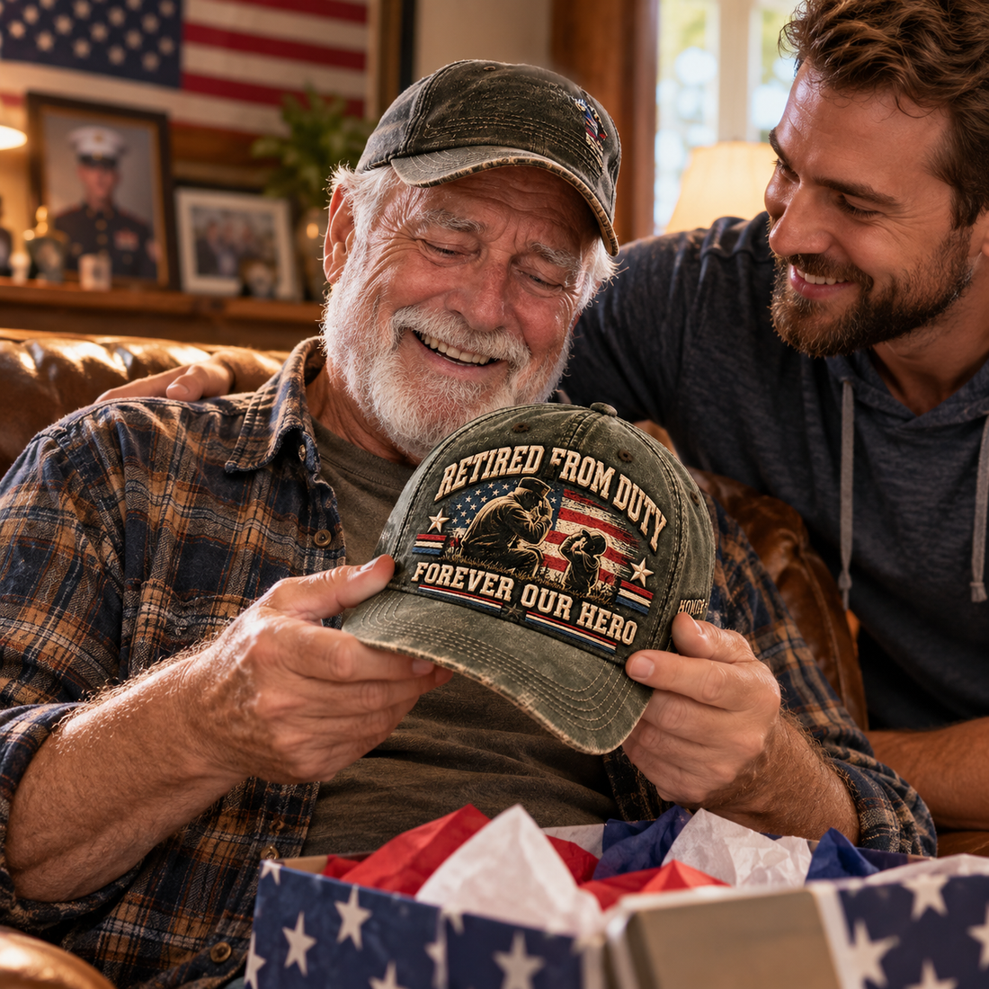 Retired veteran receives Forever Our Hero cap as a heartfelt family gift