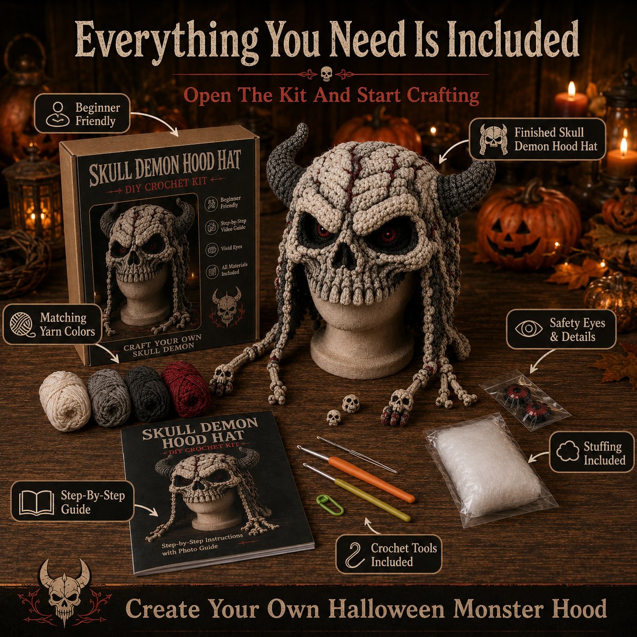 🔥 LAST DAY 49% OFF – 🎃 Halloween Monster Hood DIY Crochet Kit | Premium Soft Yarn Materials with Step-by-Step Guide DIY Handmade Wearable Character Hood 🧶🎭✨