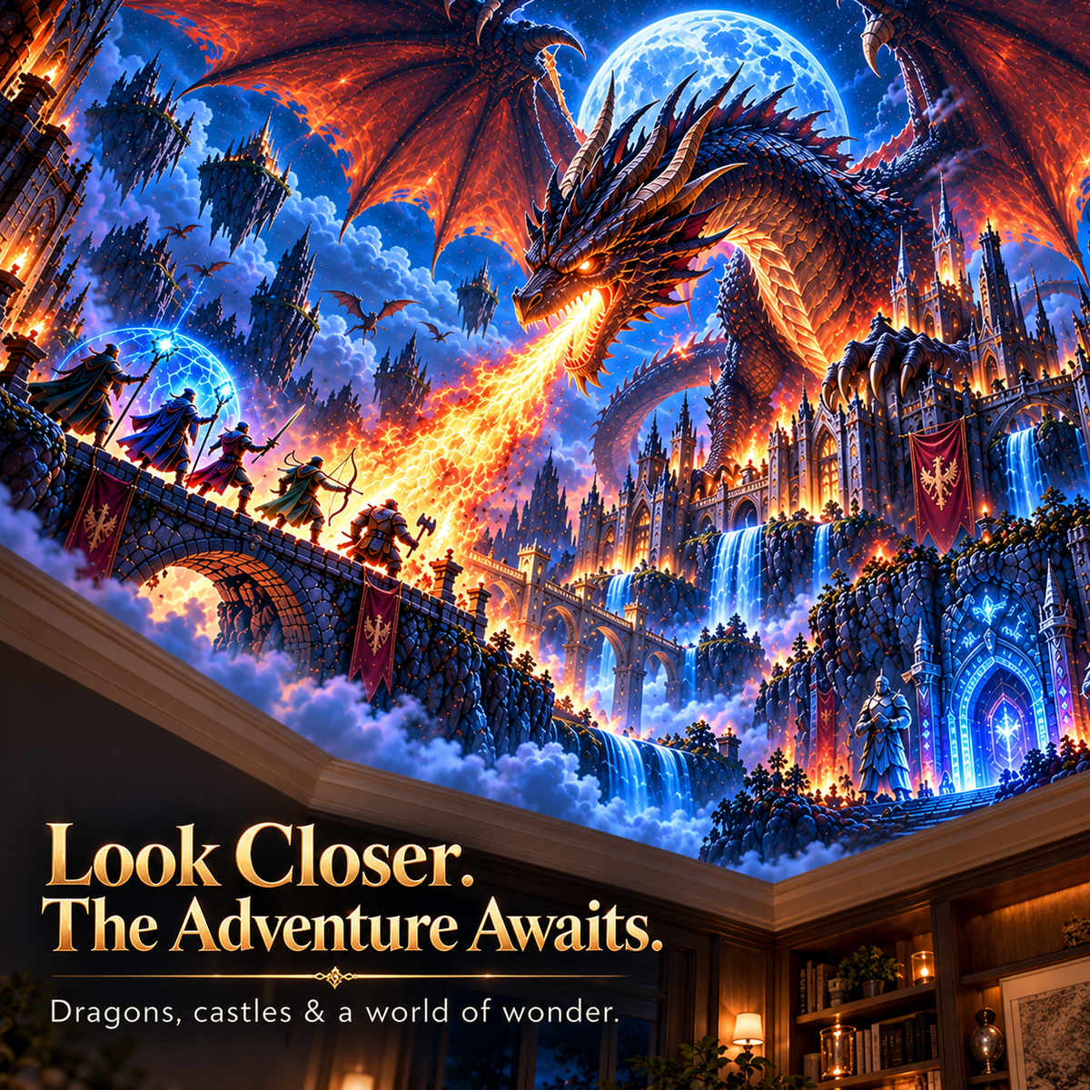 Fantasy dragon casting fiery light over towers, stone bridges, waterfalls and an enchanted gateway