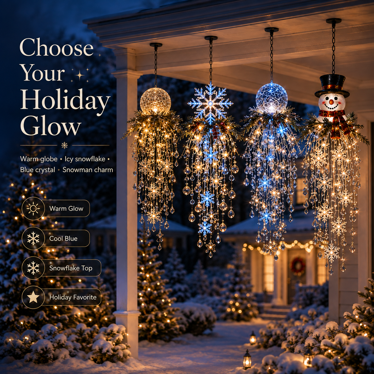 Crystal Cascade Christmas Light – Hanging Snowflake & Crystal LED Porch Décor ✨❄️