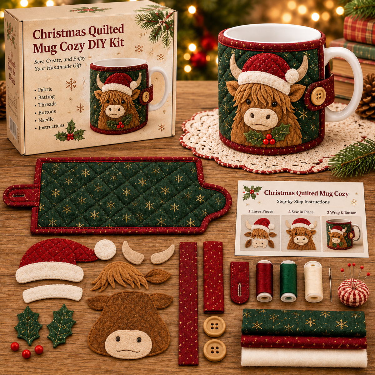 Santa Highland Cow Mug Cozy Sewing Kit