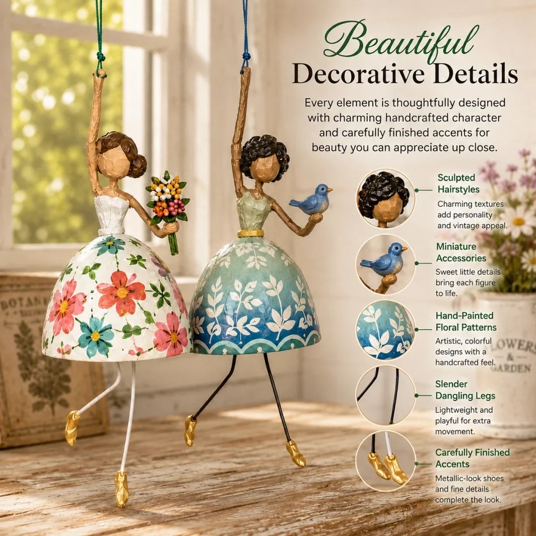 Whimsical Dancing Lady decorative details including hairstyles accessories painted dresses and dangling legs