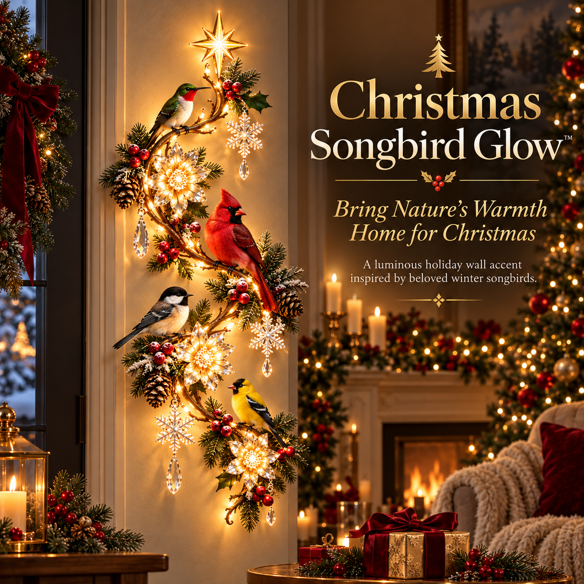 🎄🐦 Christmas Songbird Garden Glow™ – Illuminated Holiday Bird Wall Décor