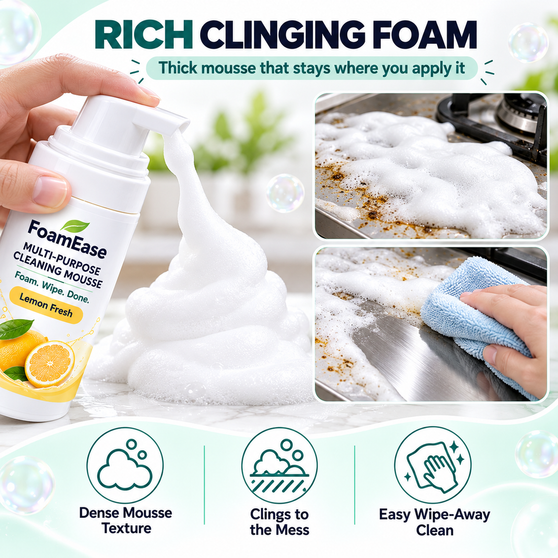 Close up of FoamEase thick cleaning mousse foam and wiping process