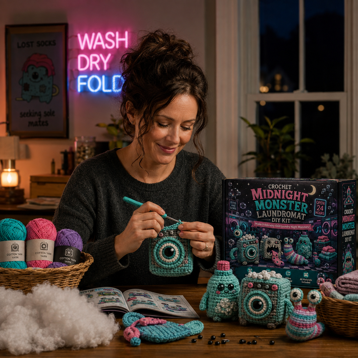Woman crocheting Midnight Monster Laundromat character