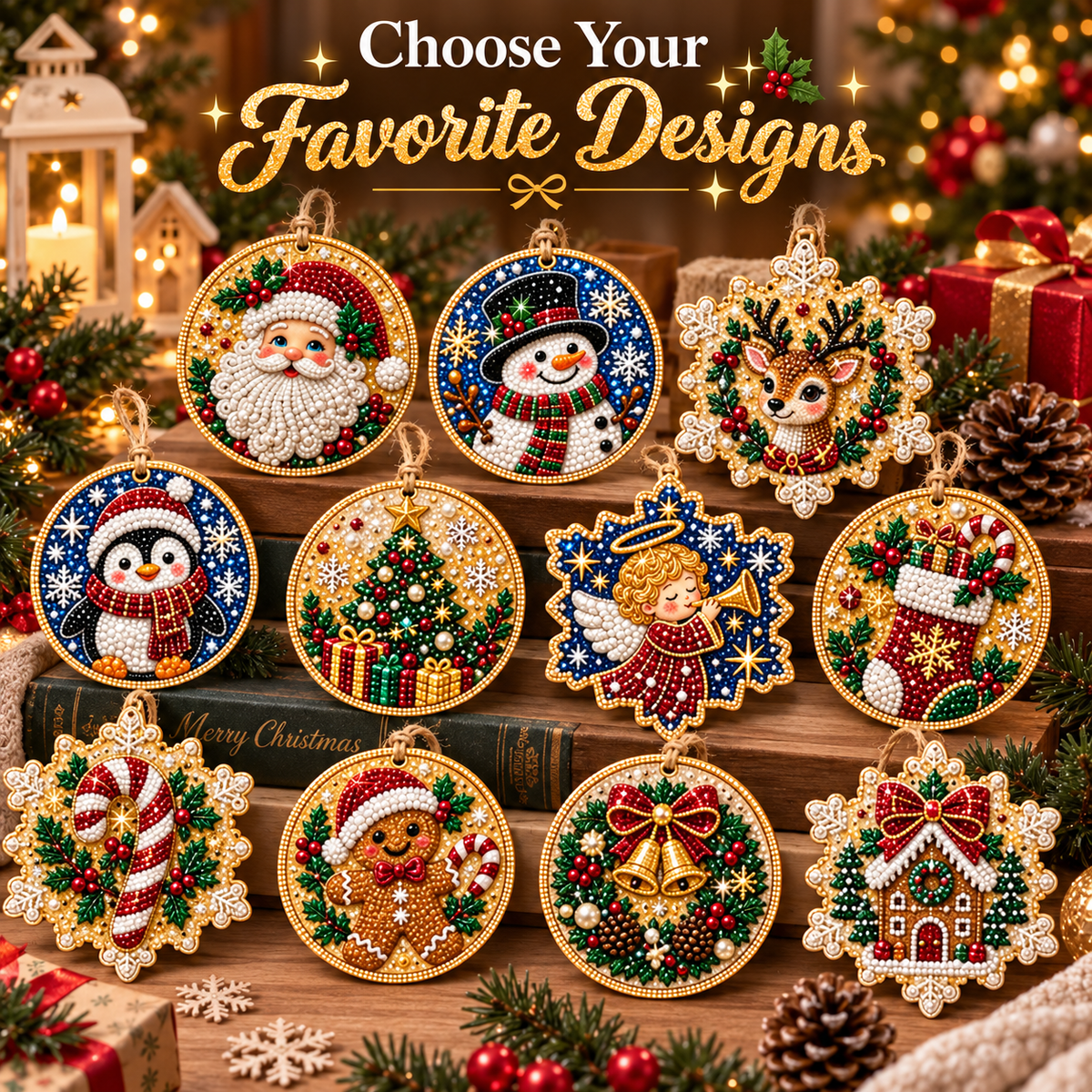 Family making diamond painting Christmas ornaments together