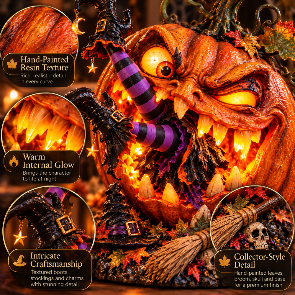 Pumpkin witch lamp detail image showing carved resin style texture, glowing eyes, teeth, witch boots and broom