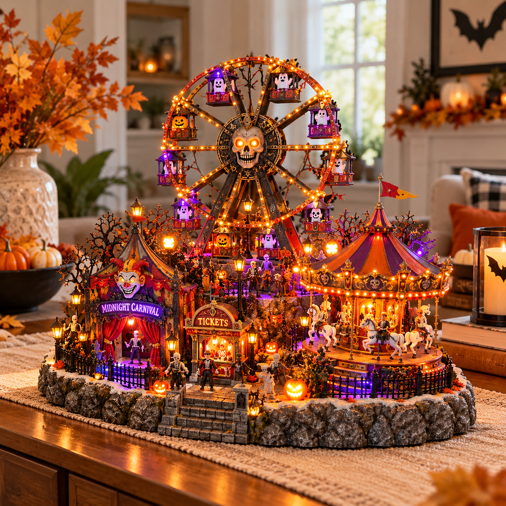 Haunted Halloween Wonderland carnival lamp with glowing Ferris wheel, carousel, circus and miniature Halloween village