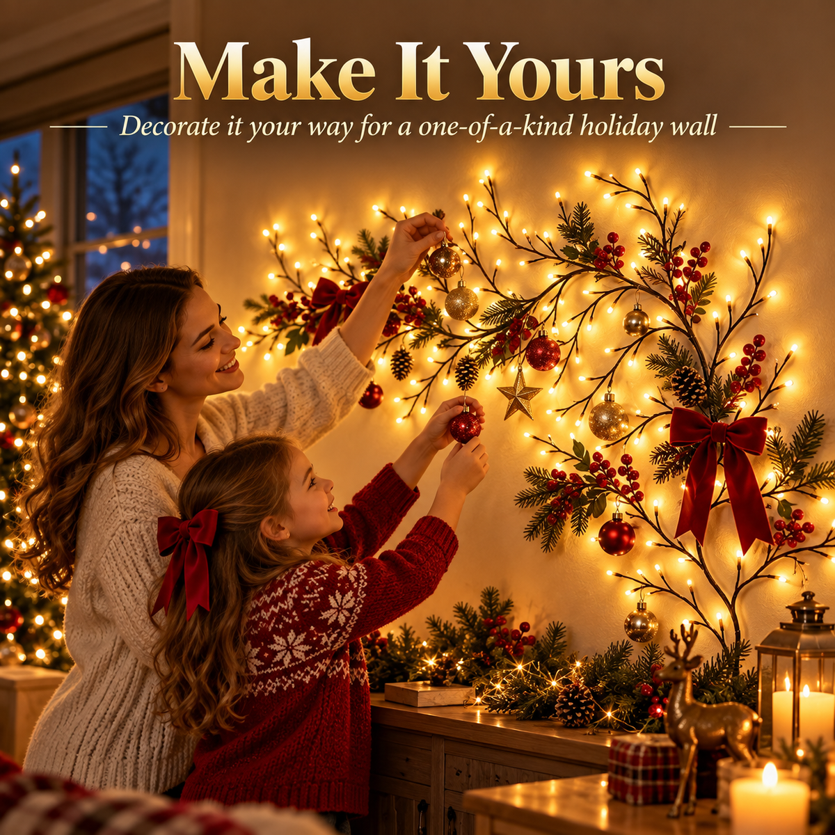 Family decorating GlowBranch Christmas wall lights