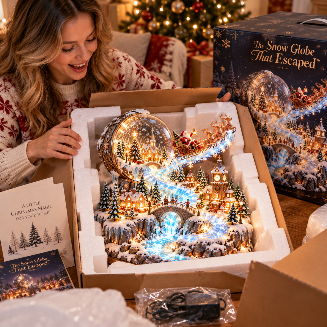 Enchanted Snow Globe Christmas village gift presentation and unboxing scene