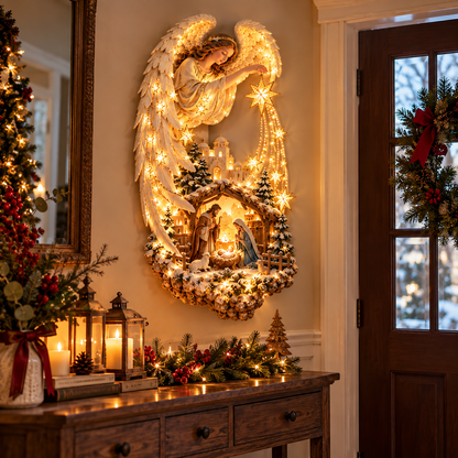 ✨ Heavenly Guardian™ Lighted Nativity Wall Decor – 3D Angel & Holy Family Christmas Wall Art