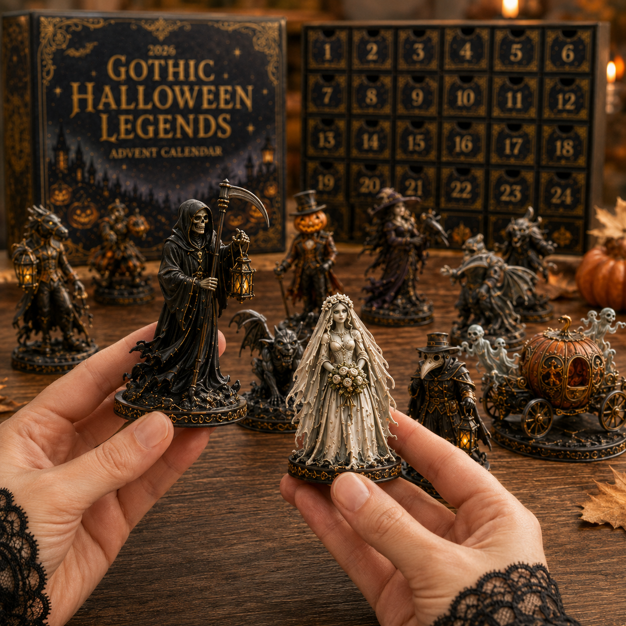 Close-up Gothic Halloween collectible figures