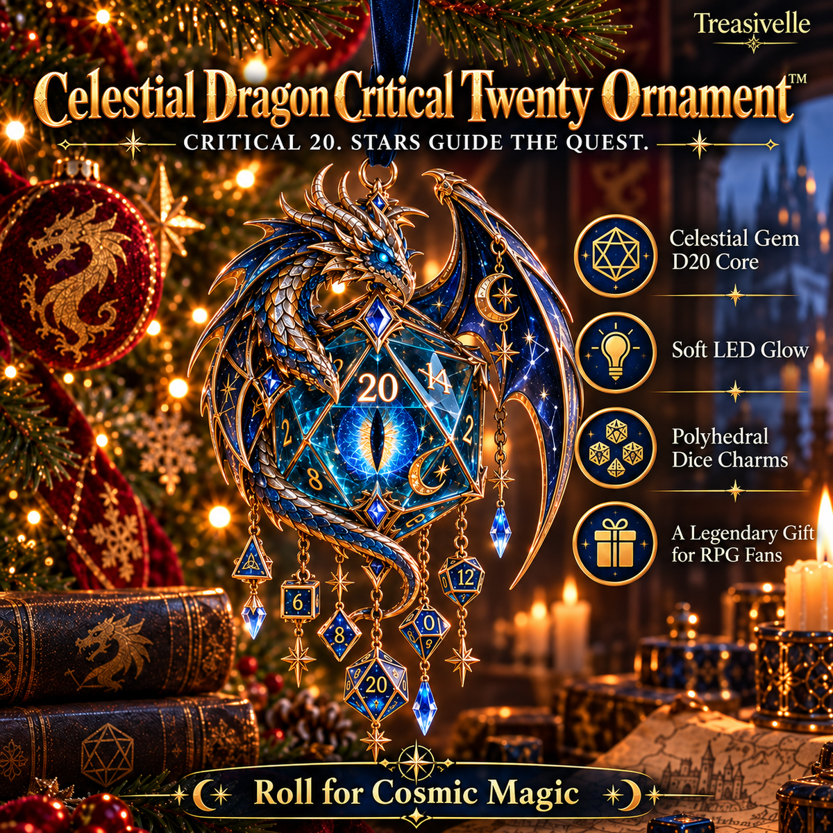 🐉🎲 Dragon Critical Twenty Ornament™ – Lighted D20 Fantasy Christmas Decor