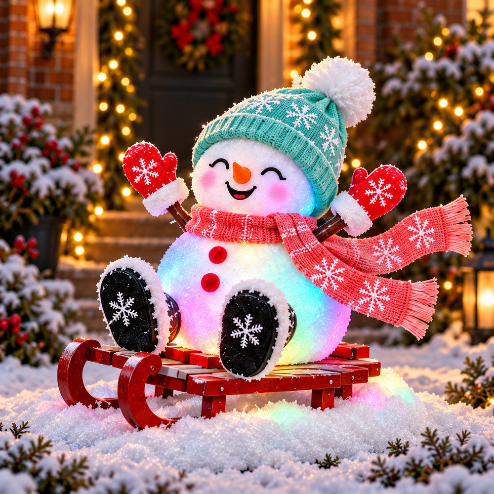 Sledding Frosty smiling snowman in teal knit hat, red scarf and mittens, sitting on a red wooden-look sled with black snowflake boots
