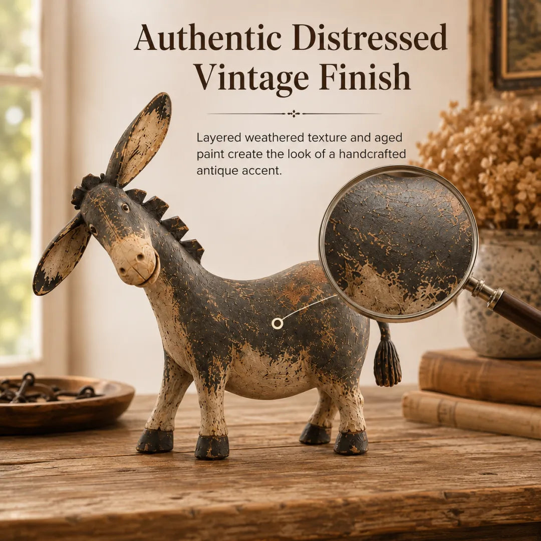 Distressed vintage finish detail on rustic donkey figurine