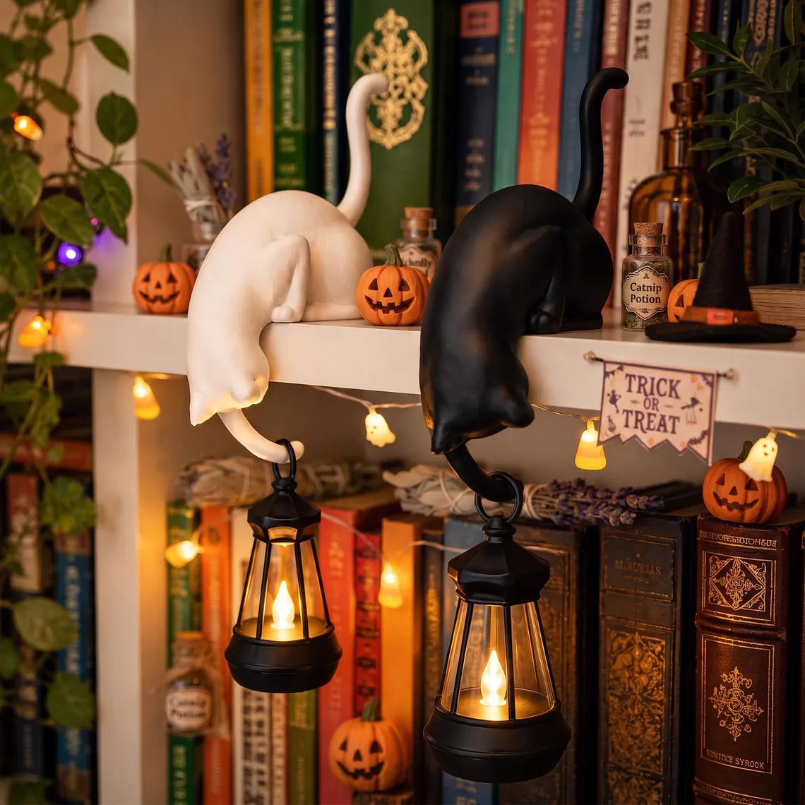 🐈‍Whimsical Cat Shelf Sitter with LED Lantern – Cute Bookshelf Decor & Handy Key Hook