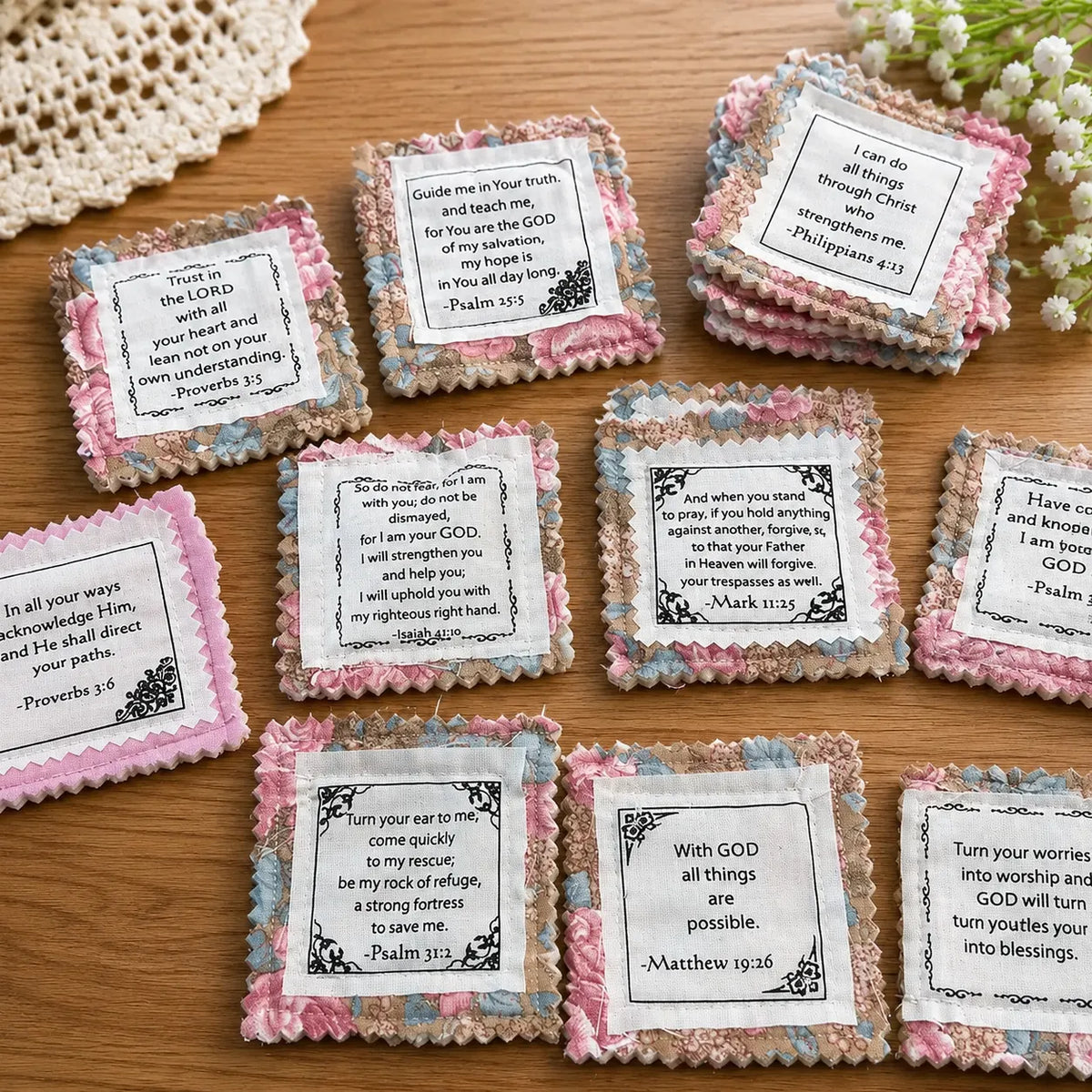 ✝️ Pocket Prayers™ 48 Scripture Fabric Squares for Faith Filled DIY Gifts
