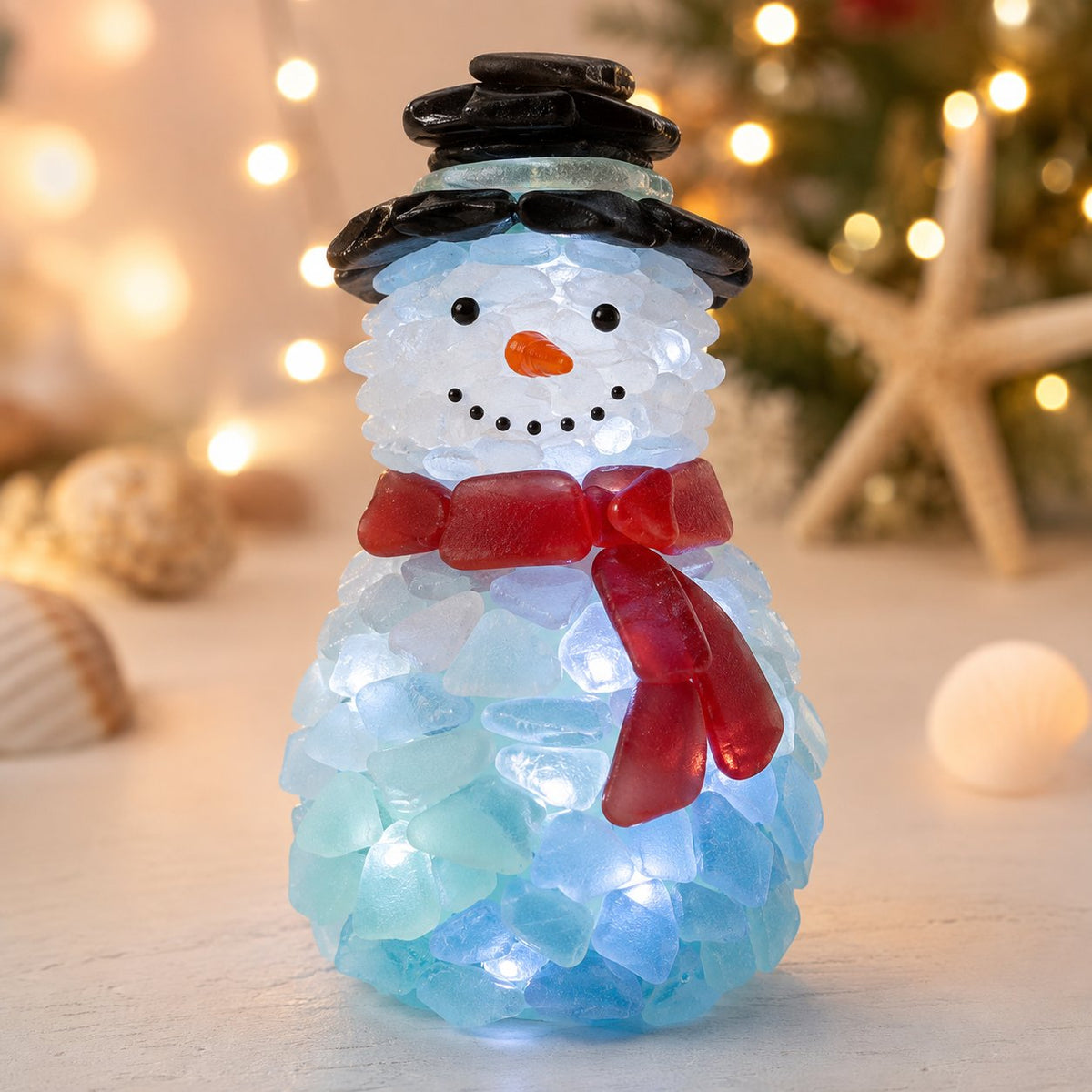 Happy Snowman lighted sea glass Christmas design