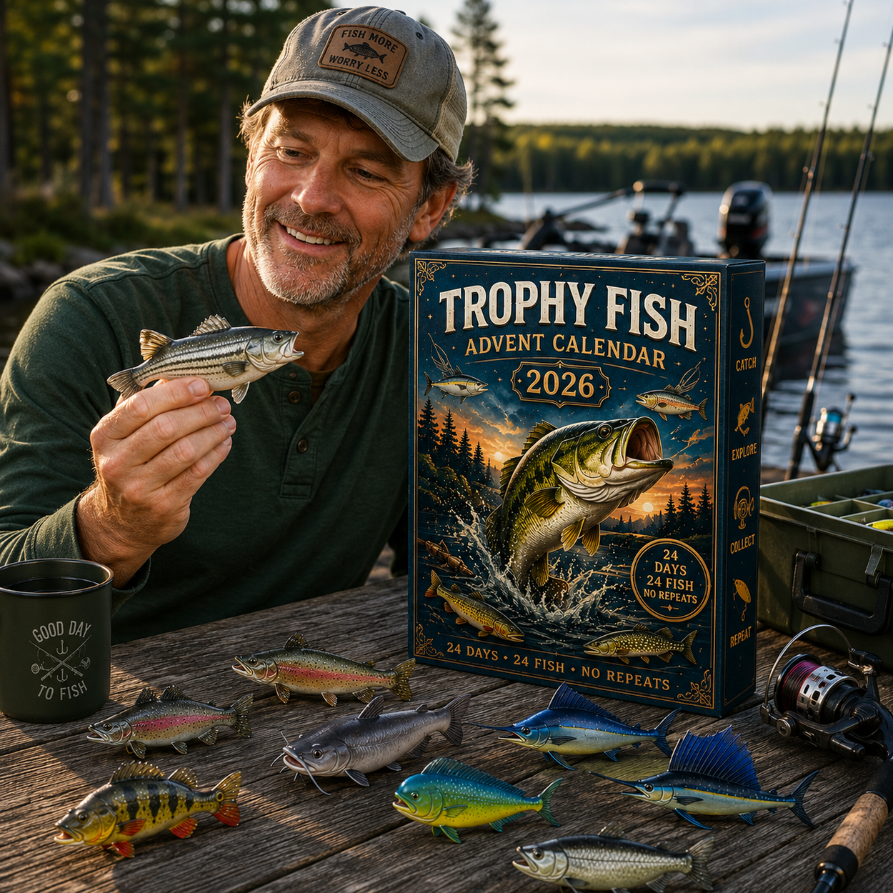 Adult angler holding Trophy Fish Advent Calendar miniature beside a lake