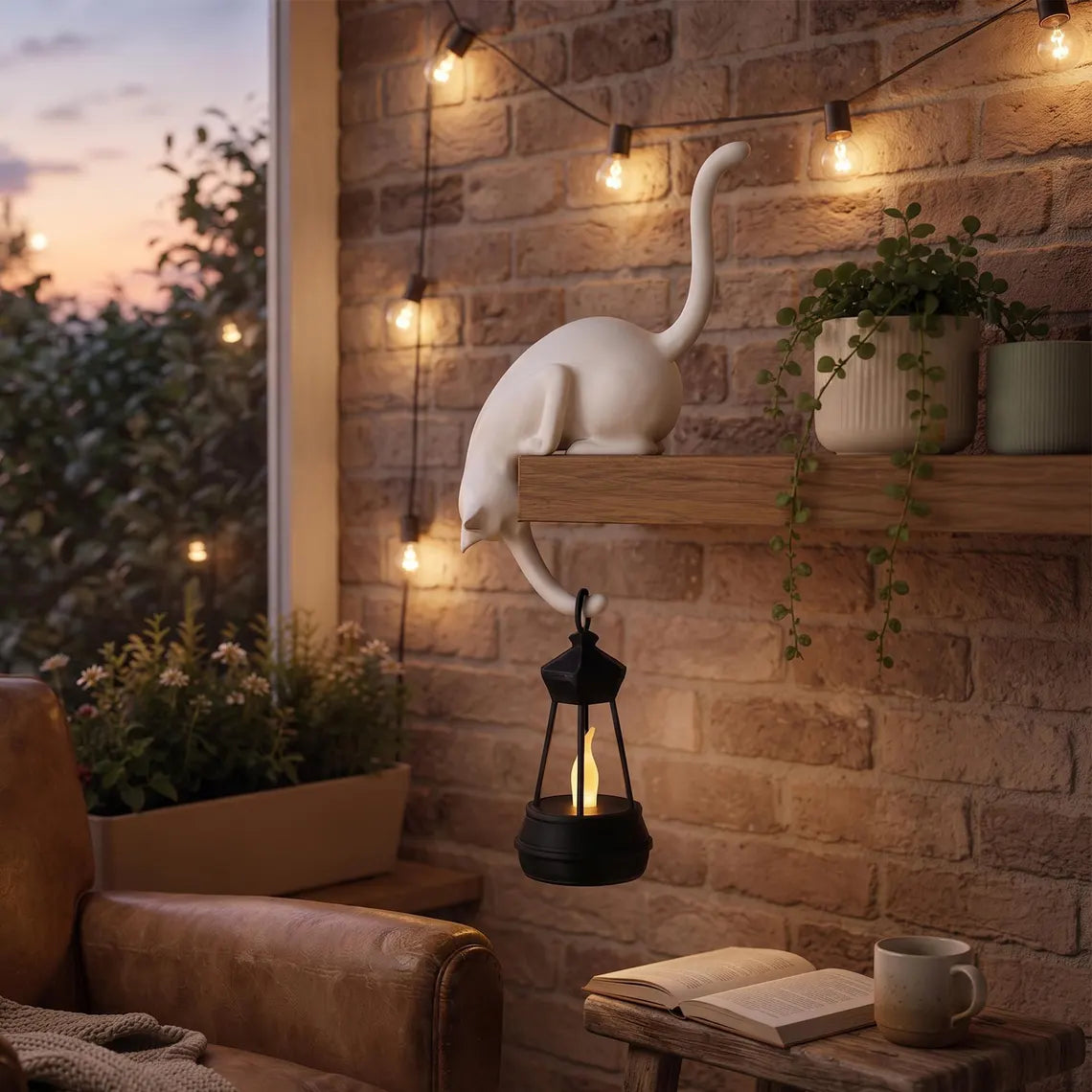 🐈‍Whimsical Cat Shelf Sitter with LED Lantern – Cute Bookshelf Decor & Handy Key Hook