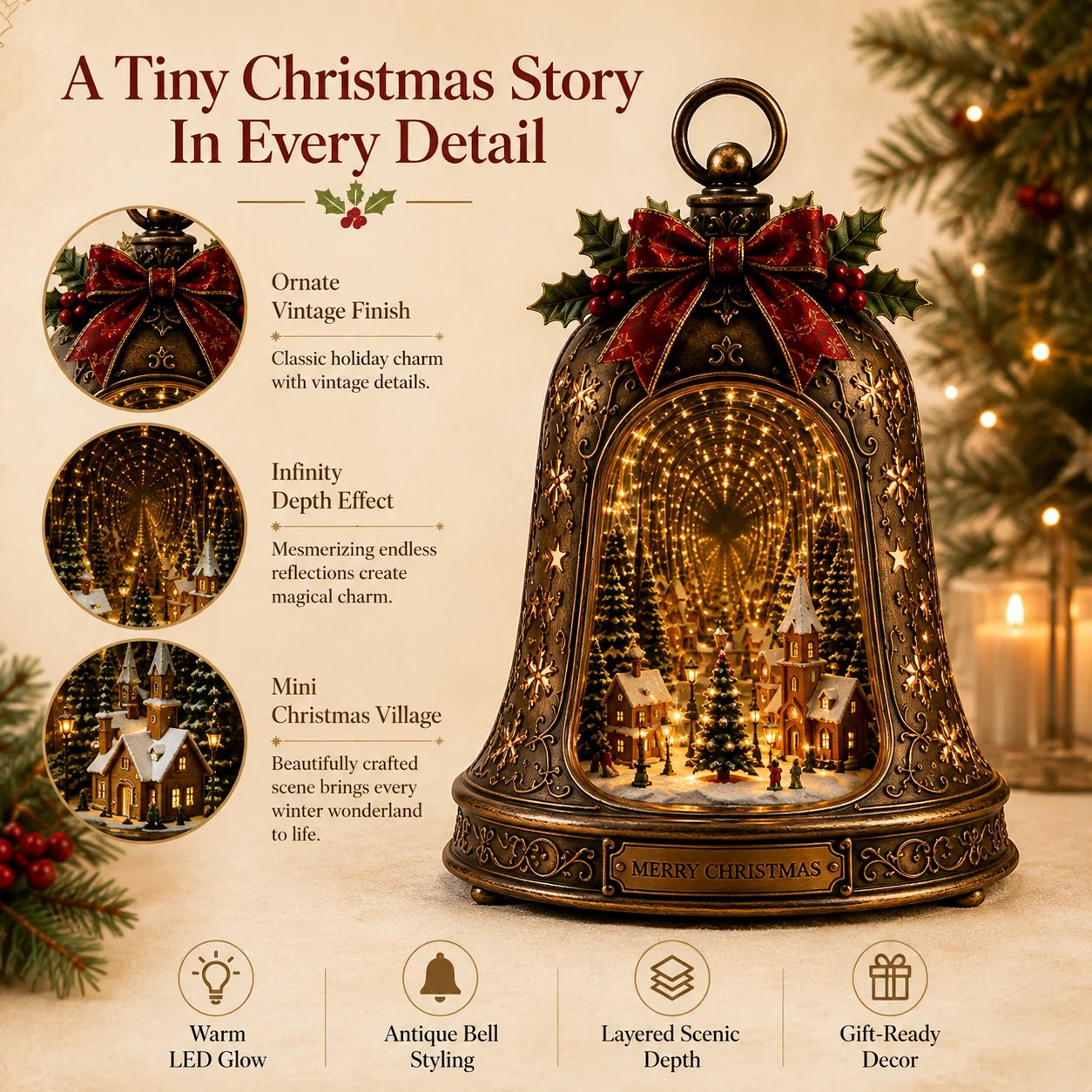 🎄 Christmas Village Infinity Bell – Lighted 3D Holiday Decor