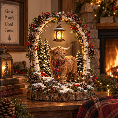 Highland Cow Christmas Woodland Lantern Decor – Rustic Lighted Farmhouse Winter Tabletop Decoration